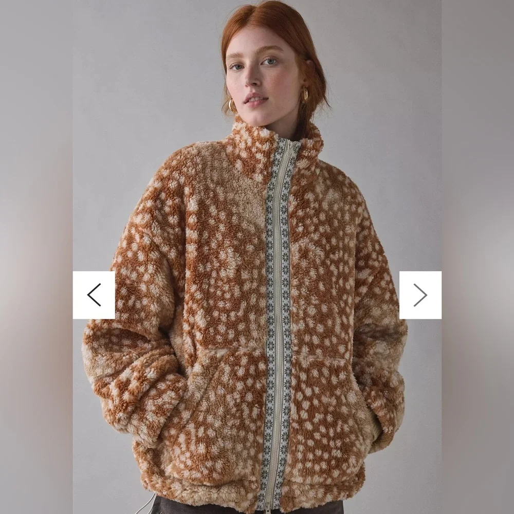 NWOT BDG Mae Printed Piled Fleece Zip-Up Jacket | Large | Color: Fawn Print - Picture 2 of 7